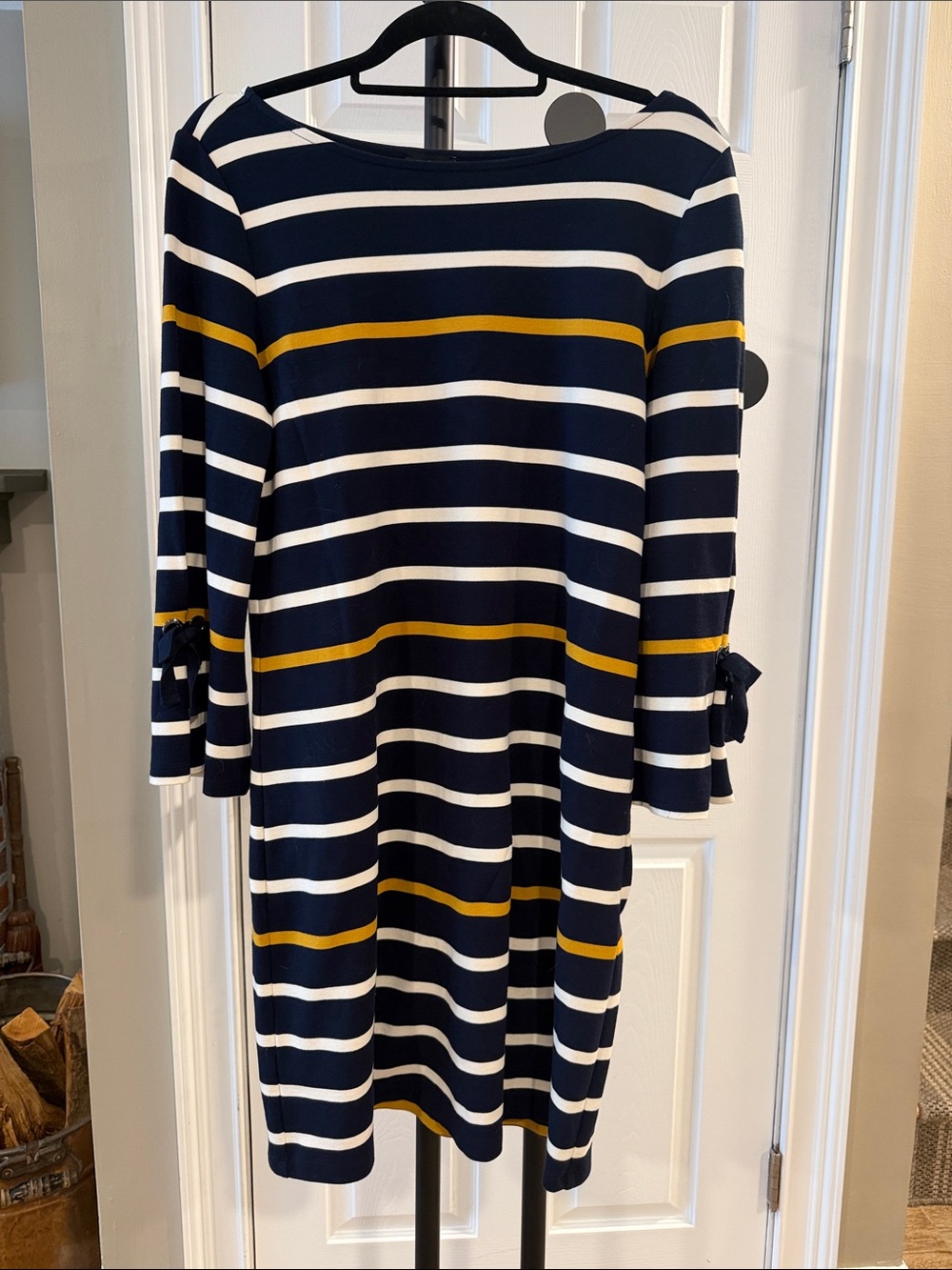 Ann Taylor Factory Navy, White & Mustard Striped Tie-Sleeve Midi Dress